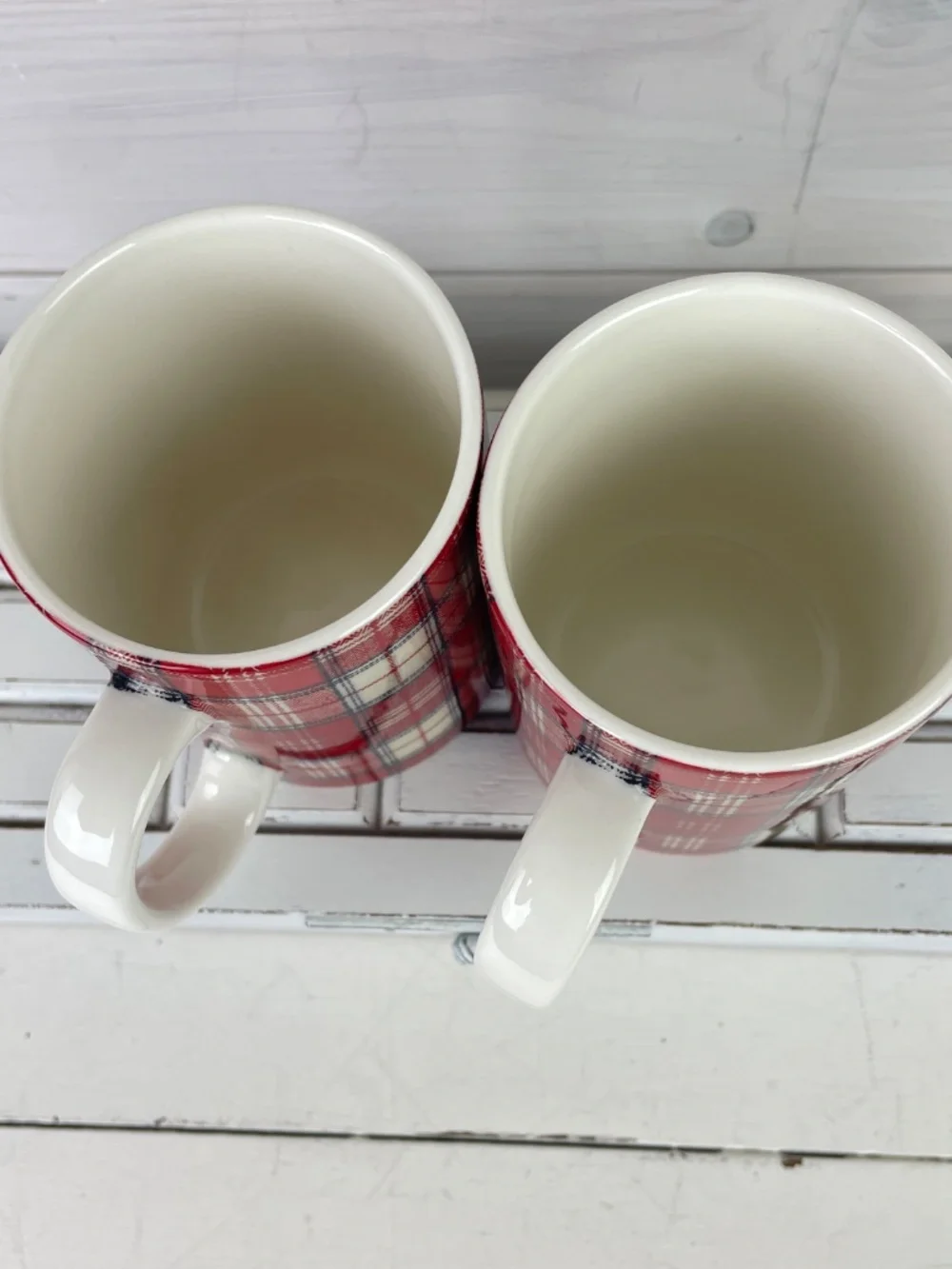 Pottery Barn Red Plaid Flannel Winter Christmas Ceramic Coffee Mugs - Pair